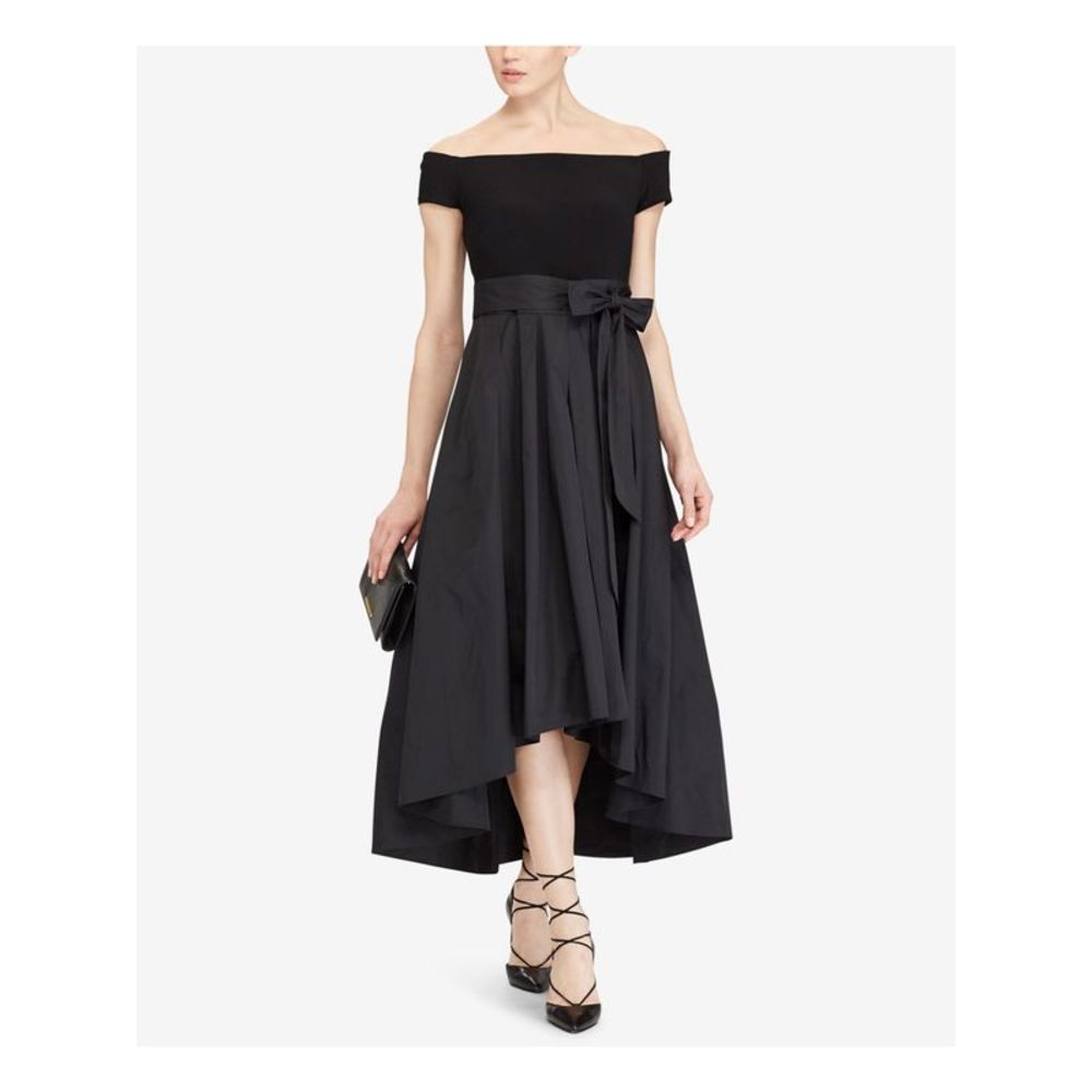 RALPH LAUREN Womens Black Taffeta Off Shoulder Tea-Length Evening Hi-Lo Dress 18